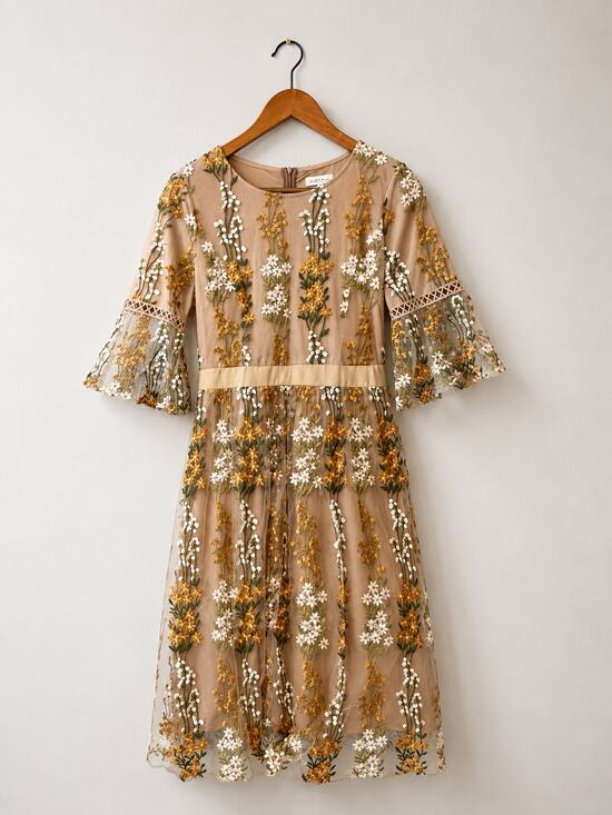 bohme Dresses & Skirts - NWOT Bohme Floral Embroidered Mesh Midi Dress Bell Sleeve Boho Cottagecore Sz M